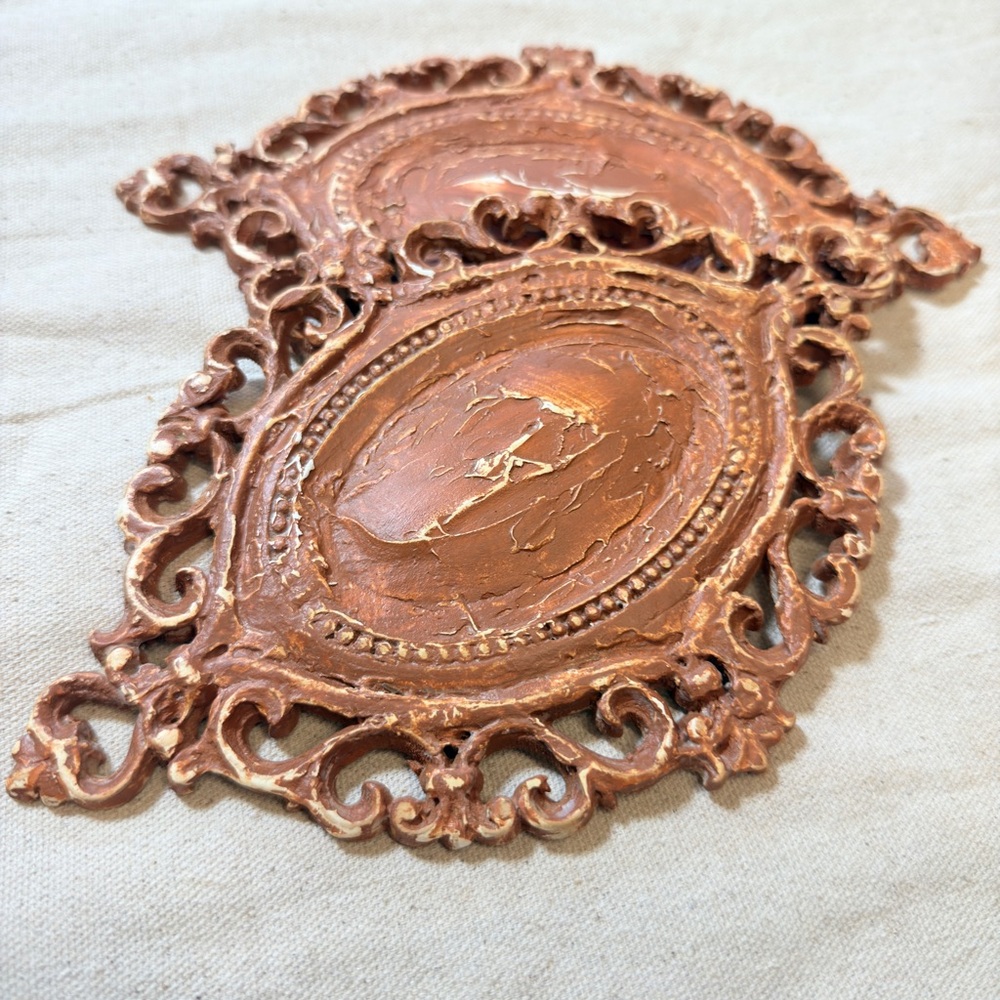 Terracotta Hand-Painted Wood Appliqué Set of 2: Ornate Oval Accents